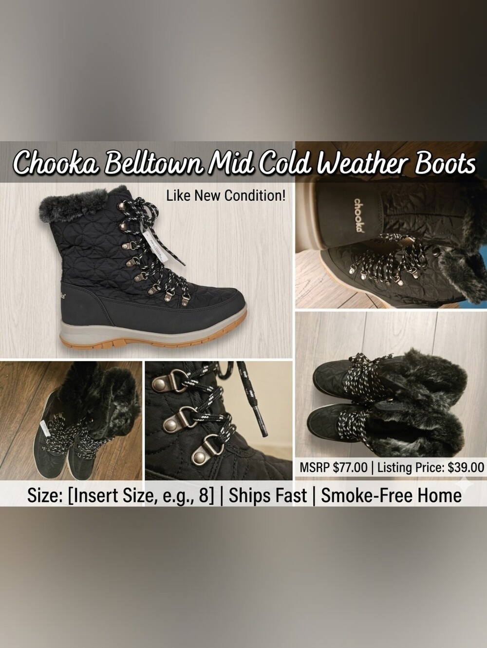 Chooka Black Quilted Faux-Fur Lace-Up Winter Boots - NWOB Size 8